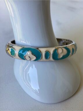 Turquoise and Cream Enamelled Silver Tone Hinged Bangle Bracelet